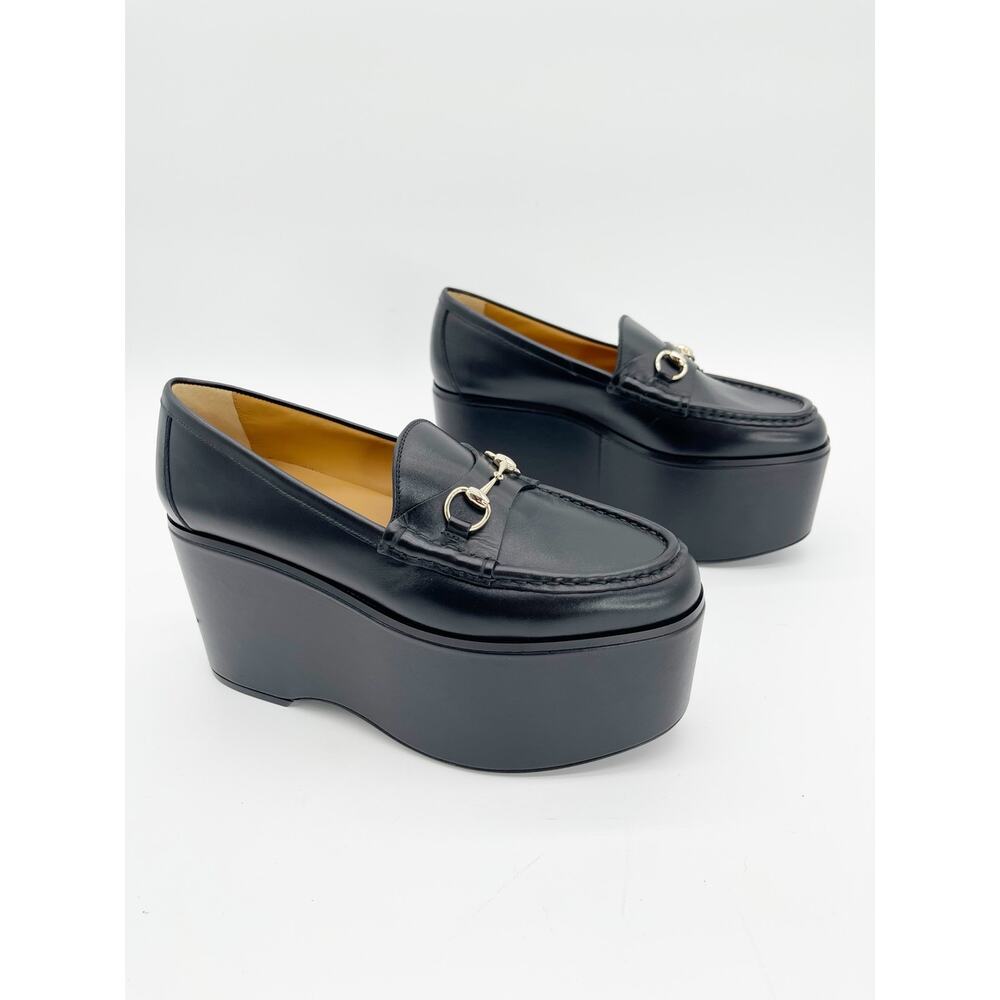 Gucci Ancora S/S 2024 Runway Black Leather Horsebit Platform Loafers IT 38